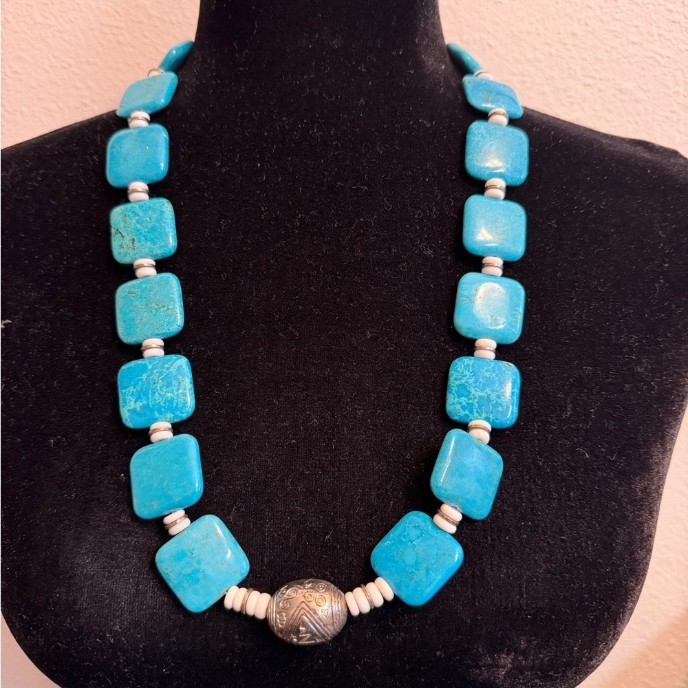 Southwestern Turquoise Bead Statement Necklace | Boho Silver Tone